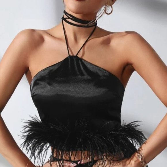 Feather Detailed Hot black Halter Top - Picture 5 of 5